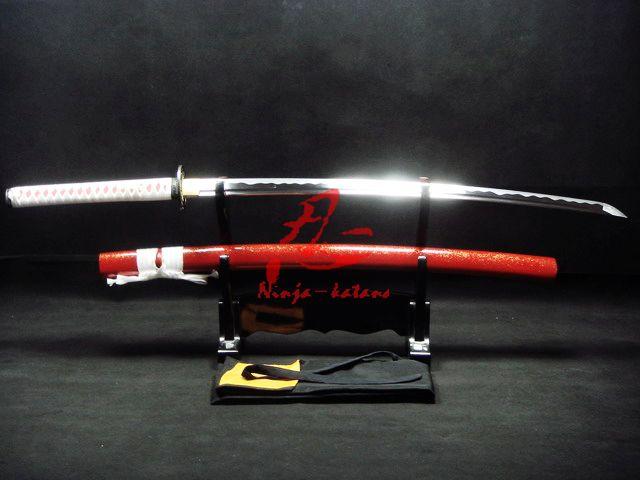 Hand Forged Red Japanese Katana Flower Tsuba Sword Spring Steel Blade Sharpened