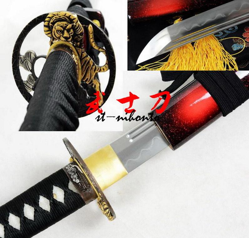 Clay Tempered Kobuse Blade Japanese Samurai Katana Tiger Tsuba Double Shallow Bo-Hi Full Tang Sword