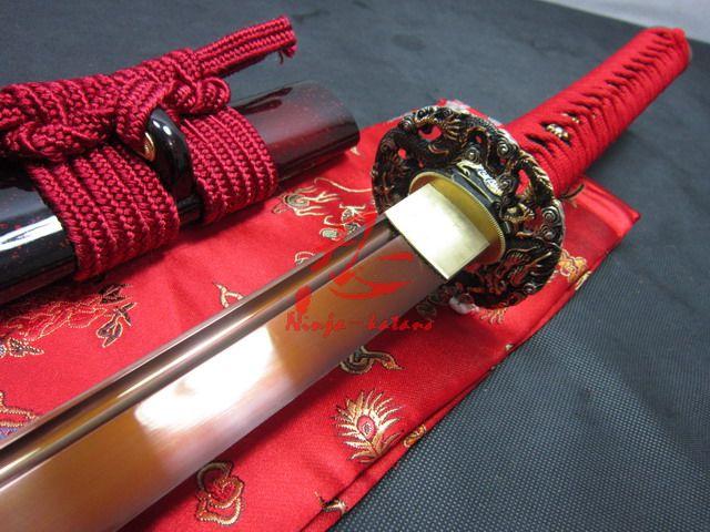 Hand Forged Spring Steel Japanese Red Katana Dragon Tsuba Shaprened Sword