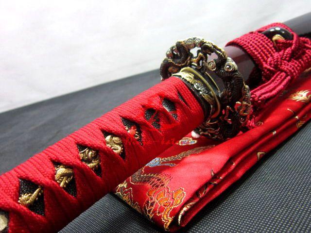 Hand Forged Spring Steel Japanese Red Katana Dragon Tsuba Shaprened Sword