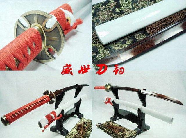 Hand Forged Forged Japanese White Katana Sword Cross Tsuba Red/Black Folded Steel Blade