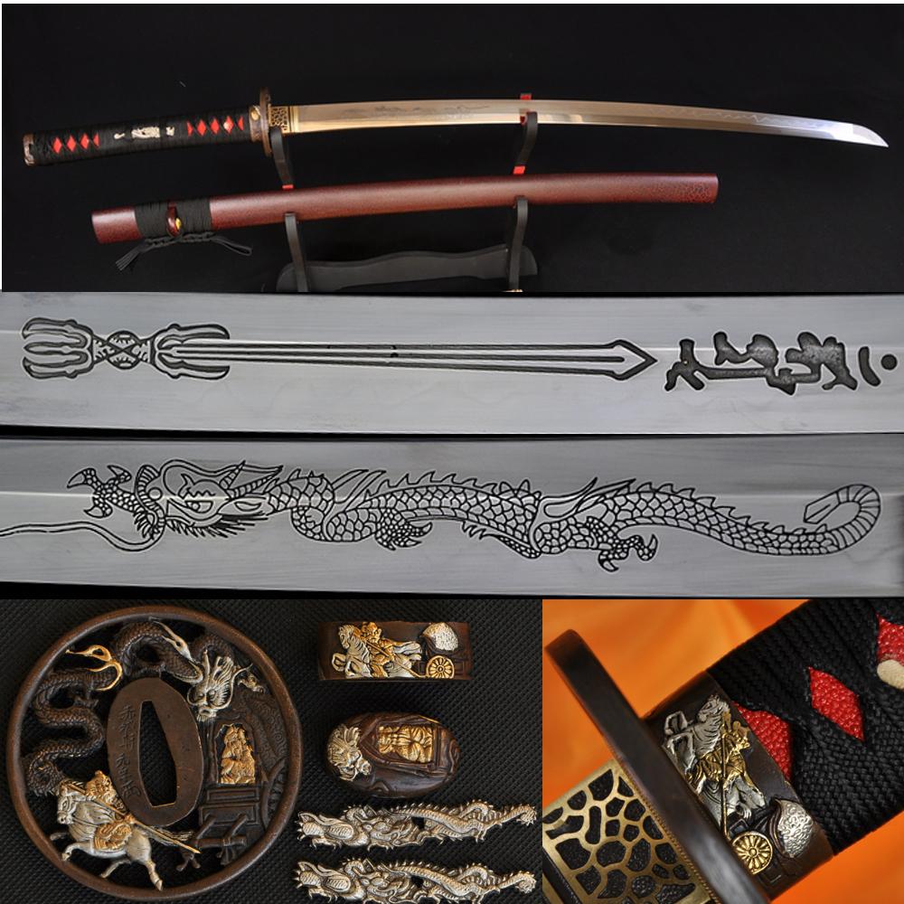 High Quality Japanese Samurai Katana Dragon Sword Clay Tempered Engraved Blade