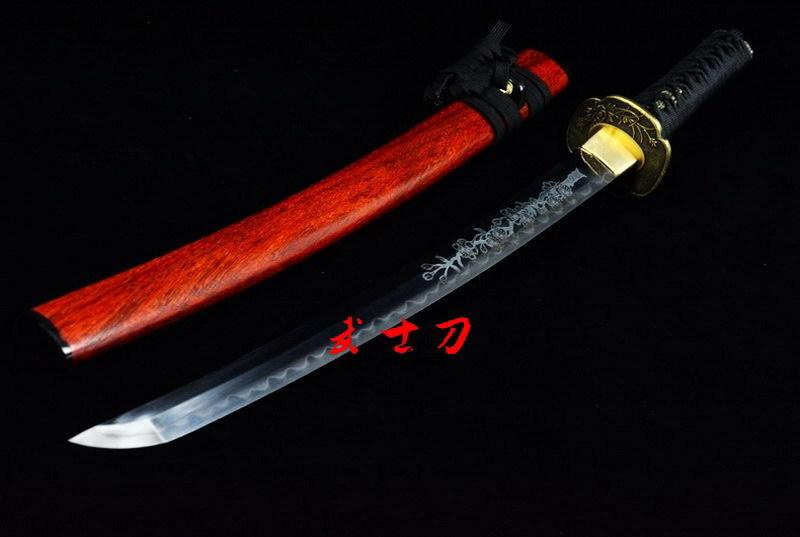 Clay Tempered Kobuse Blade Japanese Wakizashi Katana Carved Flower Sword Red Wood Saya